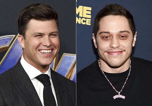 This combination of photos shows &quot;Saturday Night Live&quot; cast members Colin Jost at the premiere of &quot;Avengers: Endgame&quot; in Los Angeles on April 22, 2019, left, and Pete Davidson at the premiere of &quot;Big Time Adolescence&quot; in New York on March 5, 2020. The pair have purchased a decommissioned Staten Island Ferry boat with plans to turn it into New York&#x2019;s hottest club. (AP Photo)