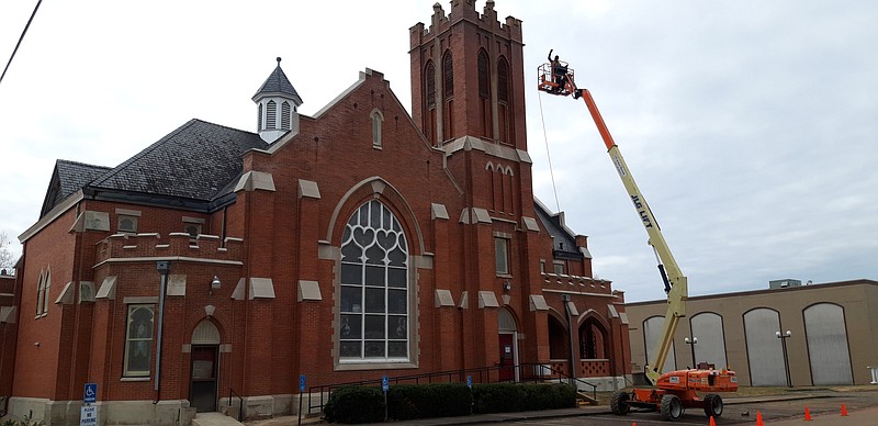 First Presbyterian Church, 516 Pecan Street, Texarkana, Arkansas, was getting a cleaning Thursday morning, with work being done by Red River Softwash. The church is nestled among a cluster of heritage churches in that part of town. The exterior cleaning took three days. (Staff photo by Junius Stone)