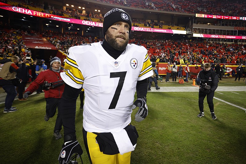 Pittsburgh Steelers quarterback Ben Roethlisberger (7) runs onto the field before an NFL wild-card playoff football game against the Kansas City Chiefs, Sunday, Jan. 16, 2022, in Kansas City, Mo. Ben Roethlisberger's NFL career is over. The longtime Pittsburgh Steelers quarterback announced his retirement on Thursday, Jan. 27, 2022, saying it was &#x201c;time to clean out my locker, hang up my cleats&#x201d; after 18 years, two Super Bowls, countless team records and a spot in the Hall of Fame all but secure.(AP Photo/Colin E. Braley, File)