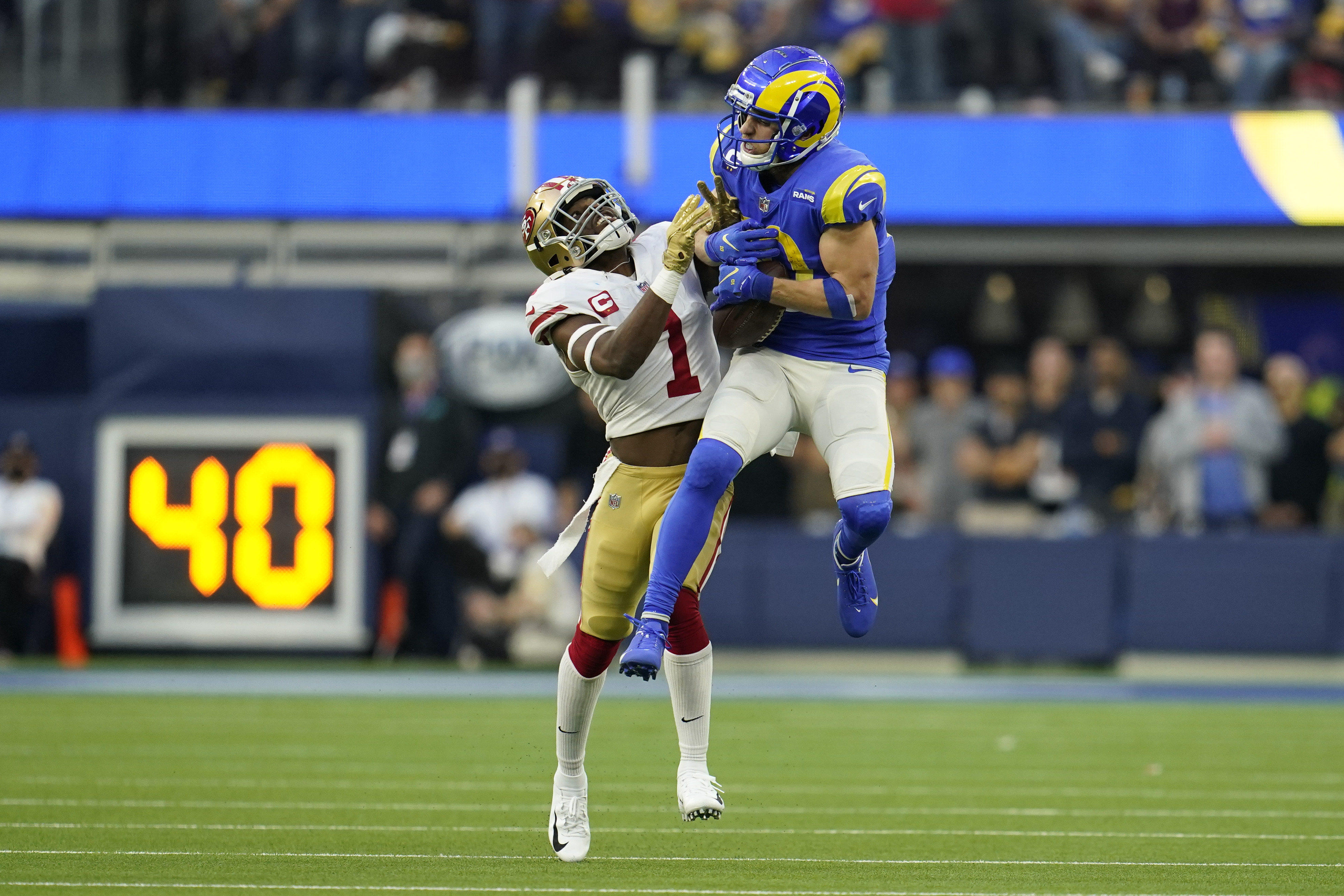 San Francisco 49ers wide receiver Jauan Jennings (15) runs a route against  the Los Angeles Rams during the NFL NFC Championship game, Sunday, Jan. 30,  2022 in Inglewood, Calif. The Rams defeated