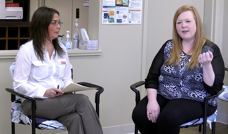 Mellonie Conrad, program coordinator, left, and Whitney McFarland, CNA instructor, speak about their experience opening the new Gateway Allied Health school. - Photo by Donald Cross of The Sentinel-Record