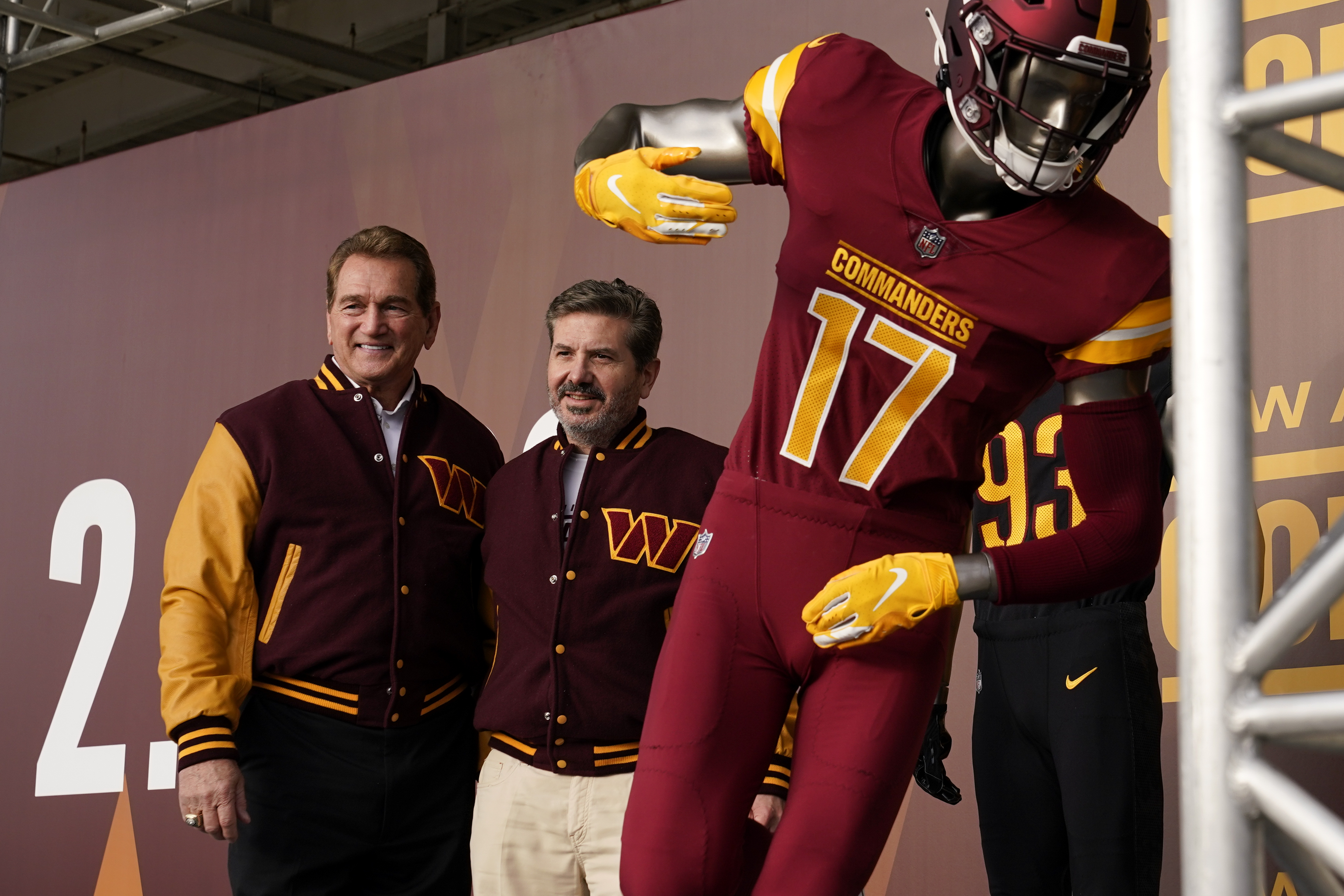 A Washington Commanders jersey is displayed at an event to unveil