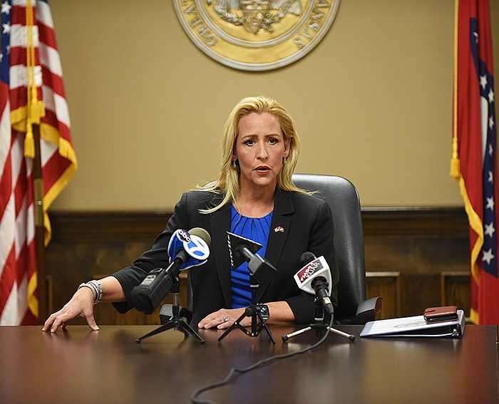 Attorney General Leslie Rutledge speaks to members of the media Wednesday, Feb. 2, 2022 during a news conference at the Arkansas Attorney General's Office in Little Rock. (Arkansas Democrat-Gazette/Staci Vandagriff)