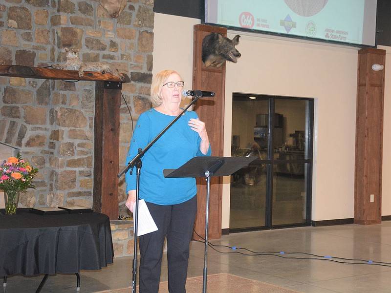 Marc Hayot/Siloam Sunday Mary Nolan, the 2022 Pioneer Citizen, thanks the crowd during the 2022 Chamber Banquet. Nolan said she was humbled, honored and a little bit overwhelmed.