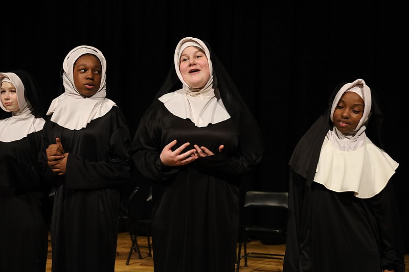 Students Reagan Conley, Rylee Grant, Kimber Hanson and Minnie Hill perform in a production of “Sister Act Jr.” at Westwind School for Performing Arts in North Little Rock. (Special to the Democrat-Gazette/Dwain Hebda)