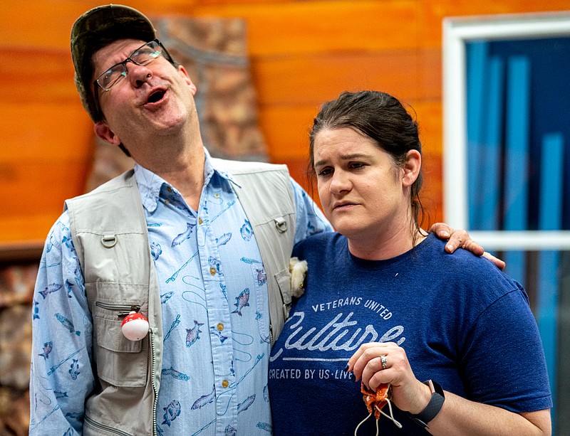 Don Otto and Erin Matteson run their lines during "Farce of Nature" play rehearsal on Tuesday, Feb. 8, 2022 at the little Theatre of Jefferson City. The play premieres on Thursday, Feb. 17. (Ethan Weston/News Tribune photo)