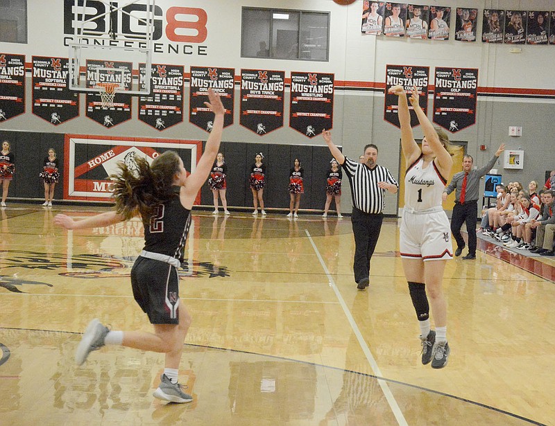 GRAHAM THOMAS/MCDONALD COUNTY PRESS
McDonald County sophomore Nevaeh Dodson (right) knocks down a 3-point shot at the end of the first quarter against Nevada on Friday for homecoming.