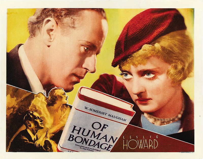 A lobby card for “Of Human Bondage,” a movie that changed to course of the Oscars. Club-footed medical school student Philip Carey (Leslie Howard) falls in love with cynical waitress Mildred Rogers (Bette Davis). She rejects him and runs off with a salesman, later returning pregnant and unmarried. Philip takes her in, though “happily ever after” is not to be.