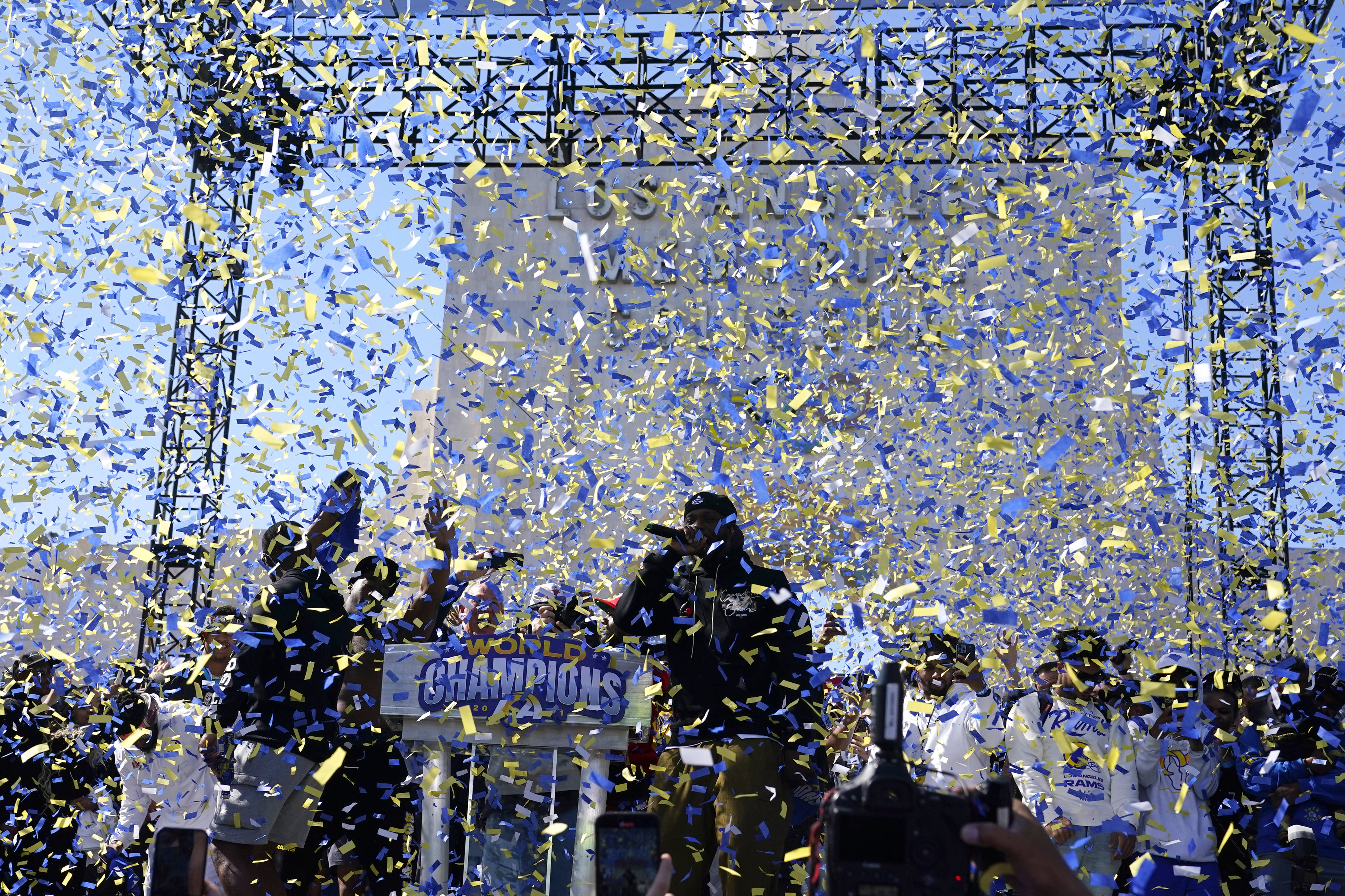 Los Angeles Rams defensive lineman Aaron Donald holds up the Vince Lombardi  Super Bowl trophy during the team's victory celebration and parade in Los  Angeles, Wednesday, Feb. 16, 2022, following the Rams'