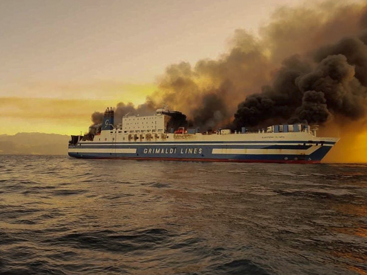 Stranded truck drivers pulled from burning Greek ferry