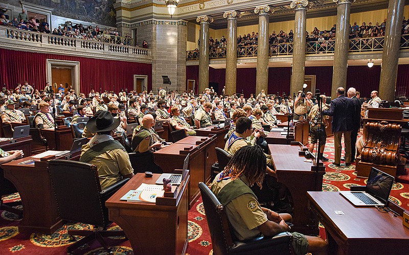 During a ceremony Monday on the floor of the Missouri House of Representatives at the Missouri state Capitol in Jefferson City, 186 Eagle Scouts were recognized for achieving that rank. Each scout received an Eagle Scout pin and posed for a photograph with Boy Scout leaders and elected officials. The ceremony was followed by lunch for the Scouts and guests in the third floor of the Capitol Rotunda. (Julie Smith/For the FULTON SUN)