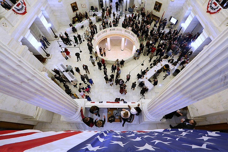 Candidates fill the Capitol rotunda during the first day of candidate filing on Tuesday, Feb. 22, 2022, at the state Capitol in Little Rock. 
(Arkansas Democrat-Gazette/Thomas Metthe)