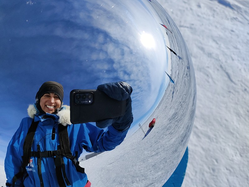 Preet Chandi takes a selfie on the Ceremonial South Pole after reaching the station after 40 days. (Courtesy of Preet Chandi)