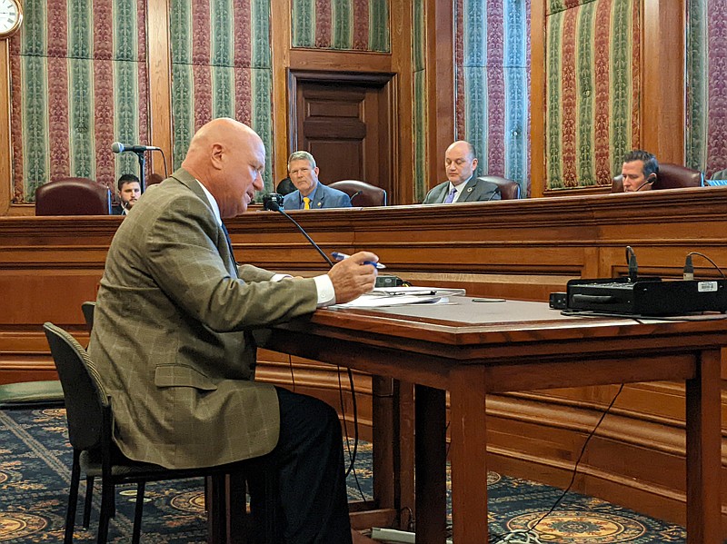 State Sen. Mike Bernskoetter presents SB 817 to the Missouri Senate Agriculture, Food Production and Outdoor Resources Committee on Monday. Bernskoetter's bill would expand a livestock loan program for small farmers throughout the state. (Ryan Pivoney/News Tribune photo)