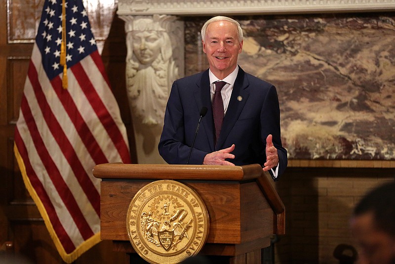 Gov. Asa Hutchinson addresses the media during his weekly press briefing on Tuesday, March 1, 2022, at the state Capitol in Little Rock. (Arkansas Democrat-Gazette/Thomas Metthe)