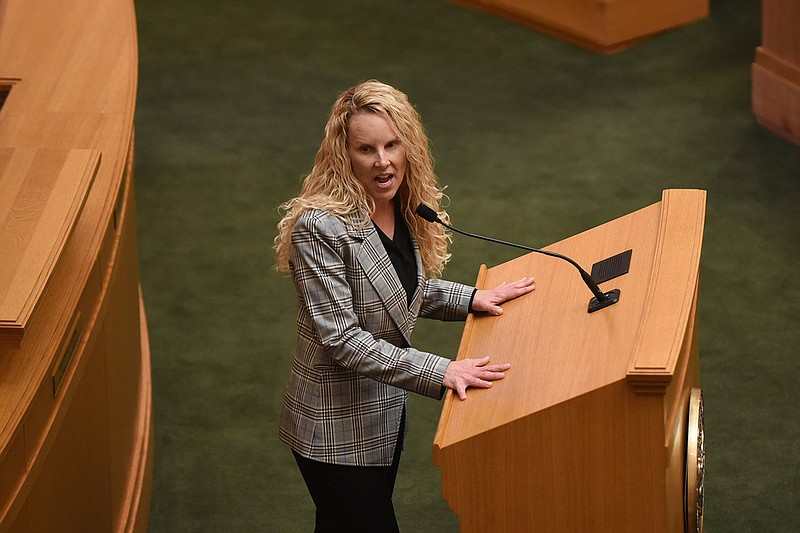 Rep. DeAnn Vaught, R-Horatio, speaks for HB1034, an act for the Department of Corrections, during the house session Wednesday, March 2, 2022 at the state Capitol in Little Rock. See more photos at arkansasonline.com/33ledge/.
(Arkansas Democrat-Gazette/Staci Vandagriff)