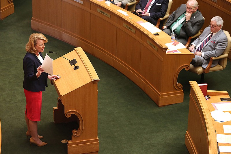 Rep. Robin Lundstrum speaks in favor of SB102, for disbursing $1 million to pregnancy research centers, during the House session on Thursday, March 3, 2022, at the state Capitol in Little Rock. 
(Arkansas Democrat-Gazette/Thomas Metthe)