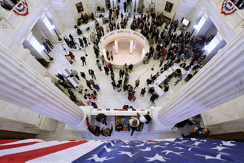 Candidates fill the Capitol rotunda during the first day of candidate filing on Tuesday, Feb. 22, 2022, at the state Capitol in Little Rock. 
(Arkansas Democrat-Gazette/Thomas Metthe)