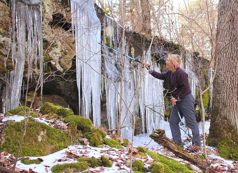 Dalene Ketcher pokes at icicles at a bonus falls hikers came across on their way to Tea Kettle Falls in the McIlroy Madison County Wildlife Management Area near Huntsville in Northwest Arkansas. (Special to the Democrat-Gazette/Bob Robinson)