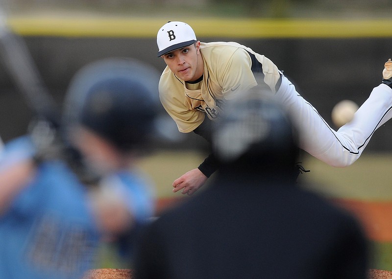 STAFF PHOTO MARC F. HENNING
Bentonville starter Jake Reed delivers a pitch Wednesday, March 6, 2013, during the Tigers' game against the Wildcats at the Tiger Athletic Complex in Bentonville.