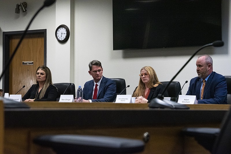 Candidates for Jefferson City’s school board take questions from News Tribune Managing Editor Gary Castor on Wednesday, March 16, 2022, at City Hall. (Elizabeth Underwood/News Tribune photo)