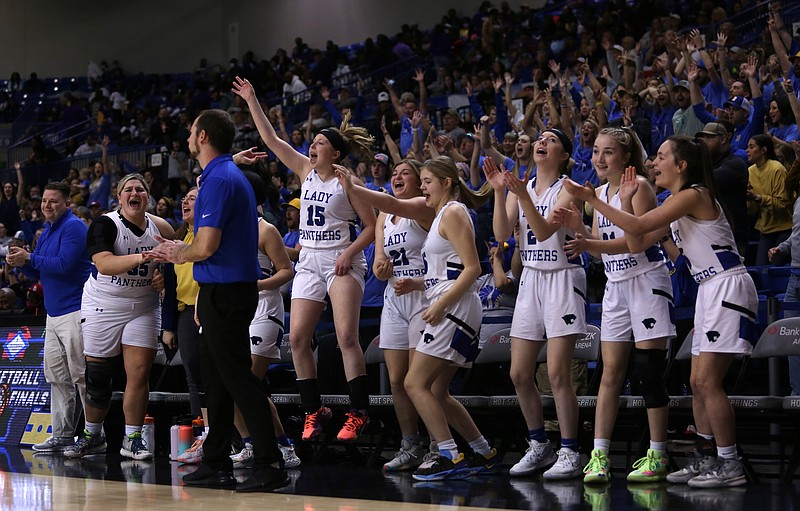Bergman players and fans celebrate as the clock winds down on the Class 3A girls basketball state championship game on March 12 at Bank OZK Arena. Bergman defeated Lamar 66-42. - Photo by Colin Murphey of Arkansas Democrat-Gazette