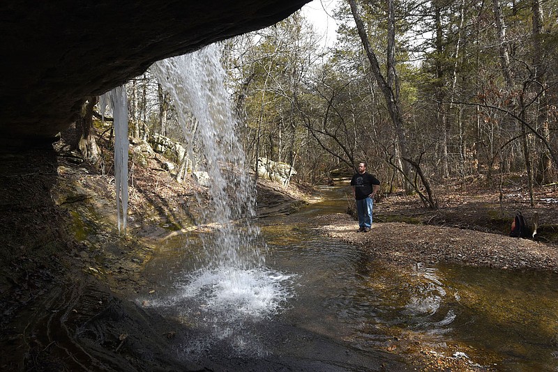 Glory B waterfall spills clear and cold on Feb. 11 2022 in the Madison County Wildlife Management Area. Alan Bland takes in the view via a short trail to the waterfall.
(NWA Democrat-Gazette/Flip Putthoff)