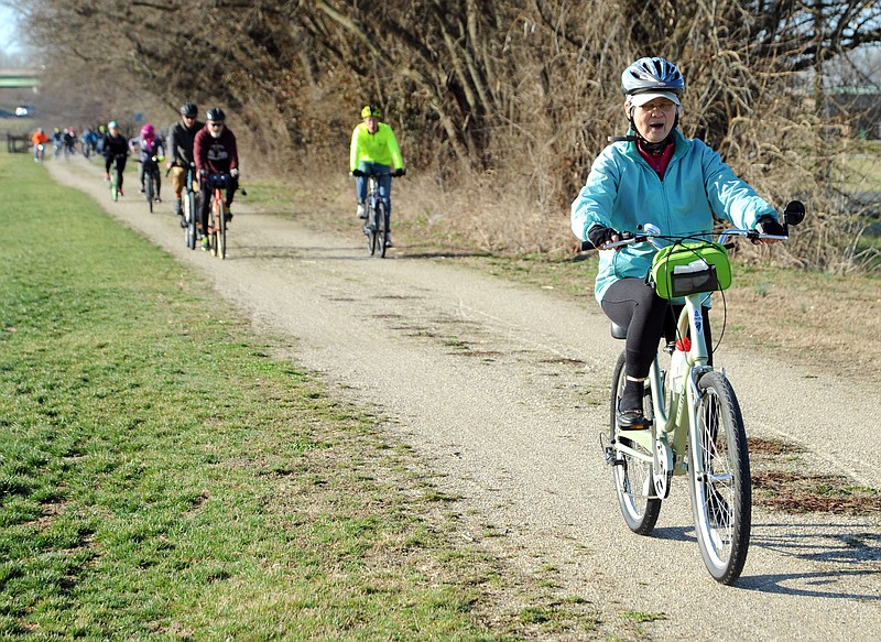 Dozens of bicycle riders took part in the first JC Parks community bike ride of 2021 as they head towards the Katy Trail out of Jefferson City North. This is a no-cost, non-competitive, 10-mile bike ride which included riders of all ages. (Shaun Zimmerman / News Tribune photo)