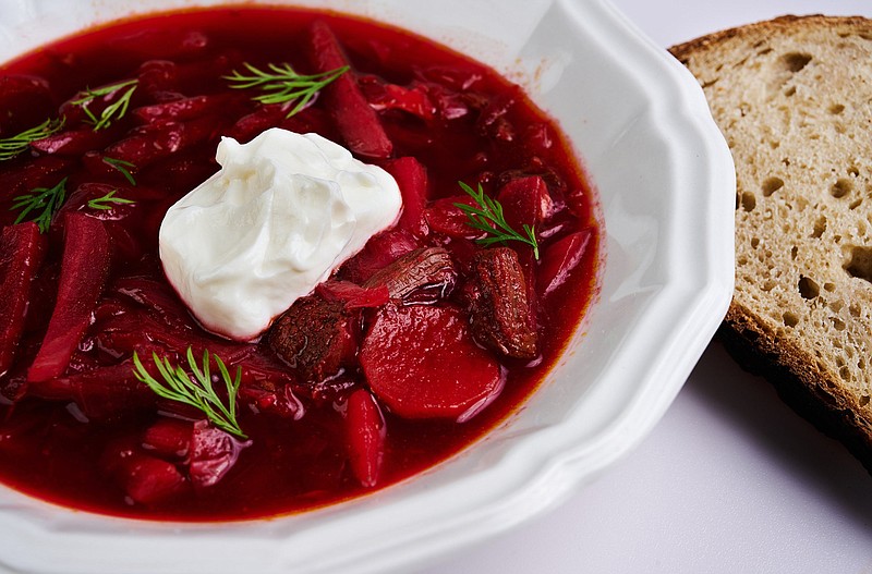 Borsch topped with a dollop of sour cream and dill pictured in St. Louis, Missouri on Wednesday, March 2, 2022. (Colter Peterson/St. Louis Post-Dispatch/TNS)