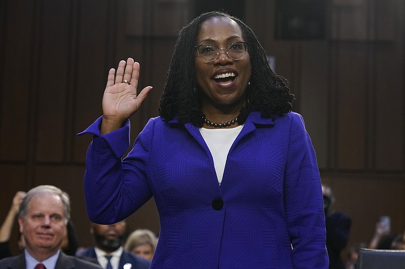 Supreme Court nominee Judge Ketanji Brown Jackson is sworn in for her confirmation hearing before the Senate Judiciary Committee Monday, March 21, 2022, on Capitol Hill in Washington. (AP Photo/Jacquelyn Martin)