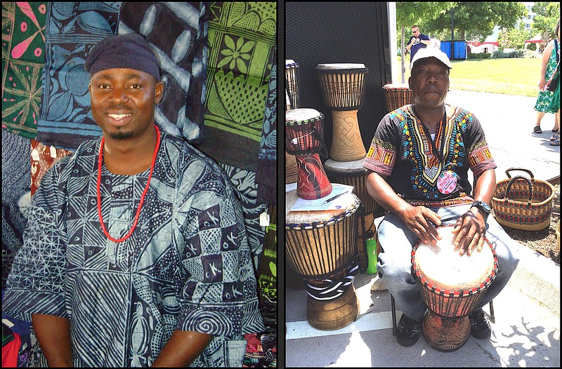 Nigerian-born fiber artist Gasali Adeyamo (left photo) and Nigerian drummer and drum maker Akeem Ayanniyi are in residence this week at the University of Central Arkansas in Conway. (Special to the Democrat-Gazette)