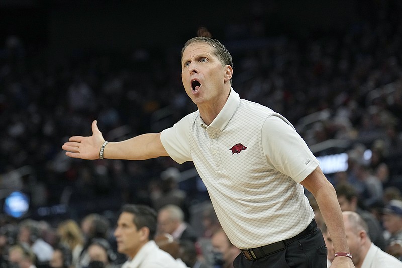 Arkansas head coach Eric Musselman reacts during the first half of his team's college basketball game against Gonzaga in the Sweet 16 round of the NCAA tournament in San Francisco, Thursday, March 24, 2022. (AP Photo/Tony Avelar)