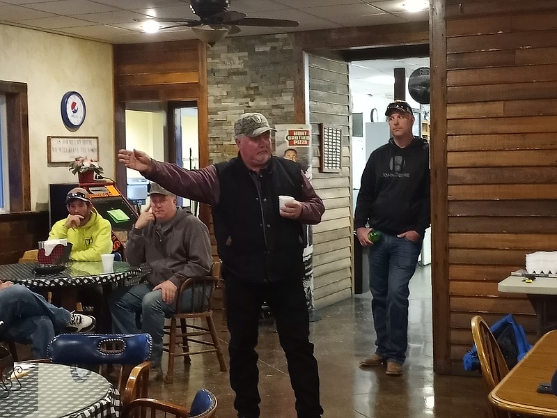 Randall Kleindienst, Eastern District Commissioner in Callaway County, fields questions at an early morning meeting Friday, March 25, 2022, at Hams Prairie Store. (Michael Shine/News Tribune photo)