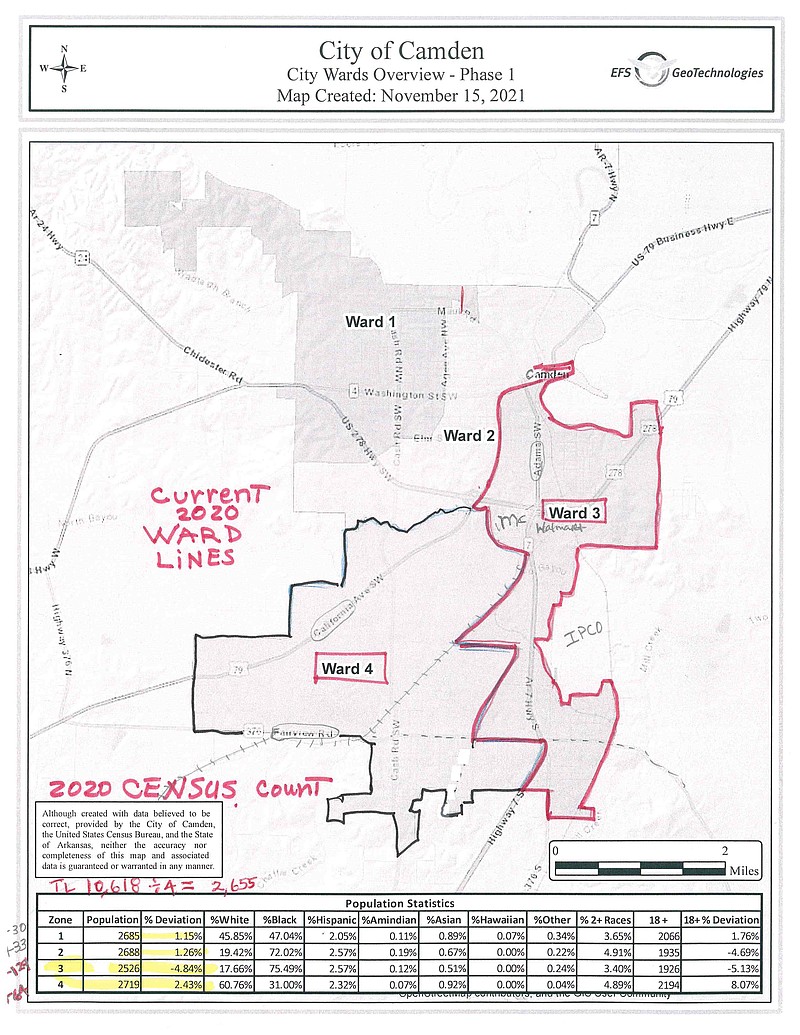 This handout provided by the city of Camden shows the city's four wards as they are currently drawn and the population as of the 2020 census.