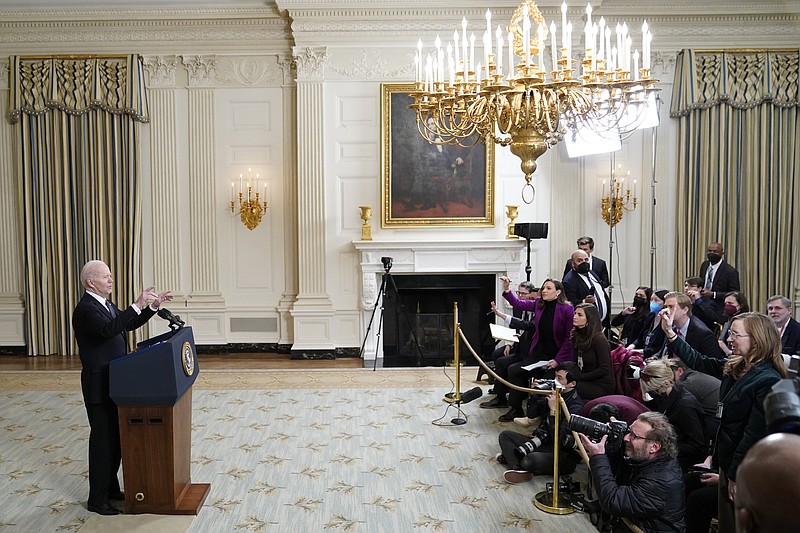 President Joe Biden speaks about Russian President Vladimir Putin and Russia's invasion of Ukraine after unveiling his proposed budget for fiscal year 2023 in the State Dining Room of the White House, Monday, March 28, 2022, in Washington. (AP Photo/Patrick Semansky)