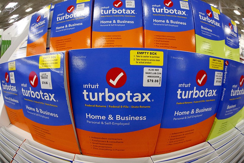 FILE - This Thursday, Feb. 22, 2018 photo shows a display of TurboTax software in a Sam's Club in Pittsburgh. The Federal Trade Commission is suing TurboTax maker Intuit, Tuesday, March 29, 2022, saying its ads for “free” tax filing misled consumers. The consumer protection agency said millions of consumers cannot actually use the free tax-prep software option because they are ineligible for it.   (AP Photo/Gene J. Puskar, File)