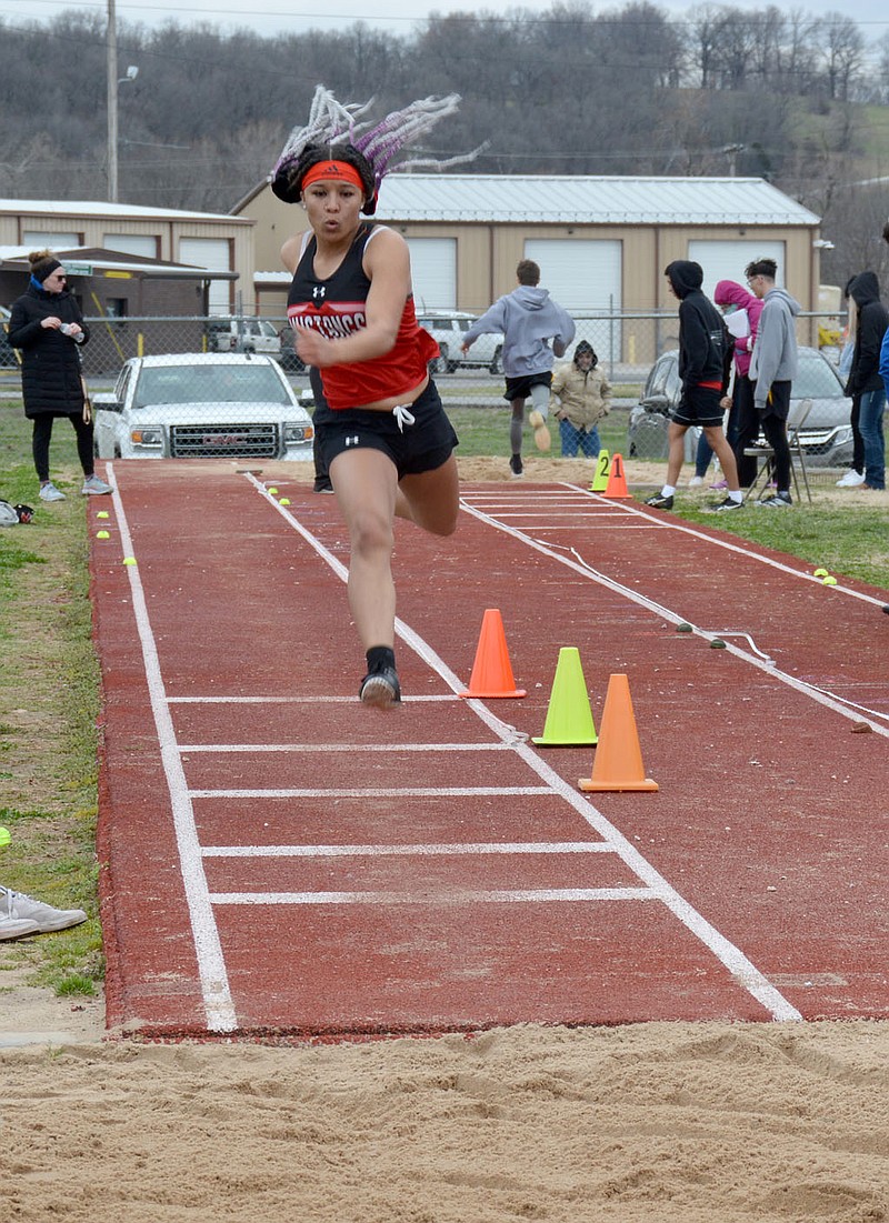 GRAHAM THOMAS/MCDONALD COUNTY PRESS
McDonald County senior Sosha Howard, seen here at the Ebenee Munoz Memorial Stampede in Anderson on March 24, finished third in the triple jump at the Carthage Invitational on March 31.