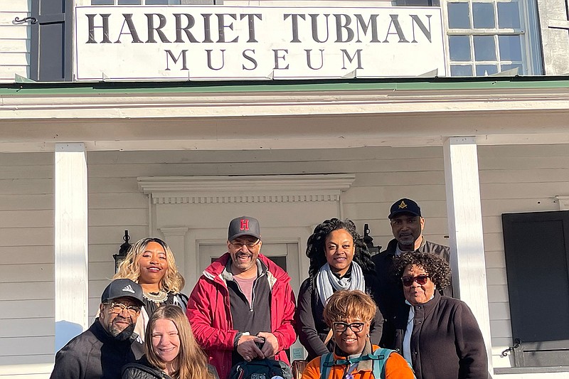 Front row from left to right: Hampton Taylor, president of the Harriet Tubman Museum, Cynthia Mullock, museum executive director,  Deborah Price, walker and volunteer at the Underground Railroad Museum in Mt. Holly and Emily Dempsey, museum advisor and founder of the Center for Community Arts. Back row from left to right: Crystal Hines, Tubman museum ambassador; Ken Johnston, Walk to Freedom; Rebecca Perrone, Willingboro City Council member and a walker and William Calvin, walker on the journey. (Valerie Russ/The Philadelphia Inquirer/TNS)