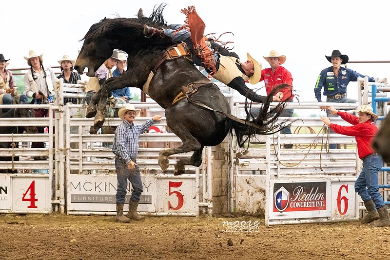 Wing Rodeo horse Montana Hood and rider go airborne during a show in Bogata, Texas. Wing's broncos and bulls will be on display starting Thursday, April 7, 2022, in the Four States Fair Rodeo. (Submitted photo)