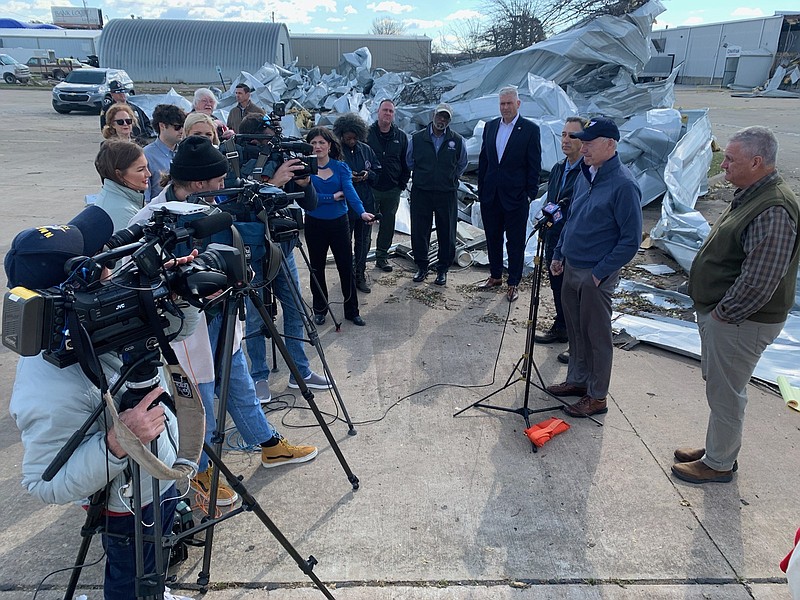 Arkansas governor Asa Hutchinson speaks during a press conference Thursday, April 7, 2022 in Springdale during a tour of tornado damage from last week's storm. (NWA Democrat-Gazette/ANDY SHUPE)