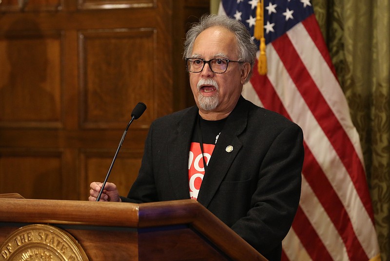 Secretary of Health Dr. Jose Romero talks about vaccine boosters and natural immunity during a press conference on Tuesday, April 5, at the state Capitol in Little Rock. Romero announced he is leaving his position in May to take a job with the Centers for Disease Control and Prevention. (Arkansas Democrat-Gazette/Thomas Metthe)