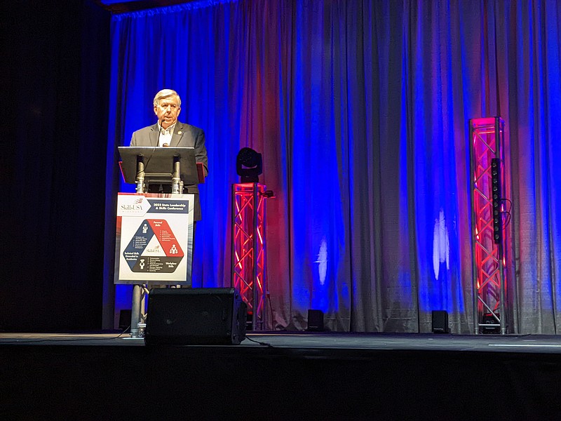 Gov. Mike Parson addressed approximately 2,300 career and technical students from across the state at the SkillsUSA State Championship opening ceremony Thursday at State Technical College of Missouri. He impressed a message about preserving the American dream and leading to provide others with opportunities to be successful. photo by Ryan