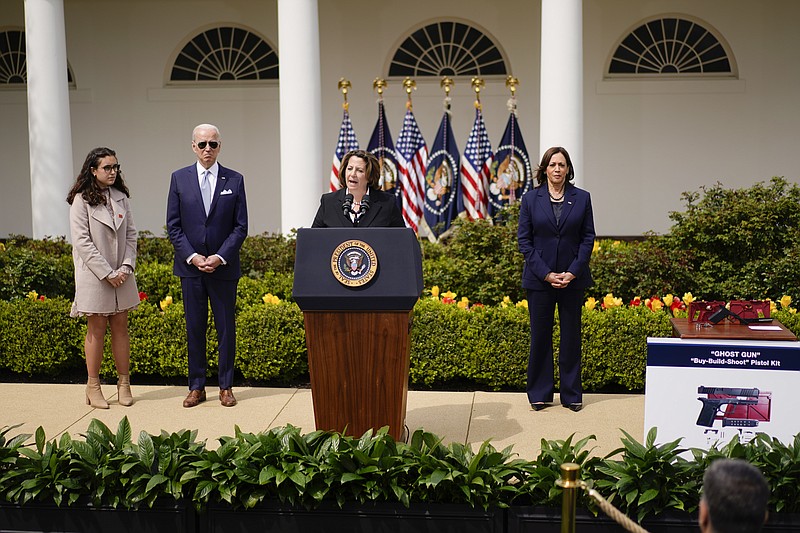 Deputy Attorney General Lisa Monaco speaks in the Rose Garden of the White House in Washington, Monday, April 11, 2022, as Mia Tretta , President Joe Biden and Vice President Kamala Harris listen before Biden announces a final version of the administration's ghost gun rule, which comes with the White House and the Justice Department under growing pressure to crack down on gun deaths. (AP Photo/Carolyn Kaster)