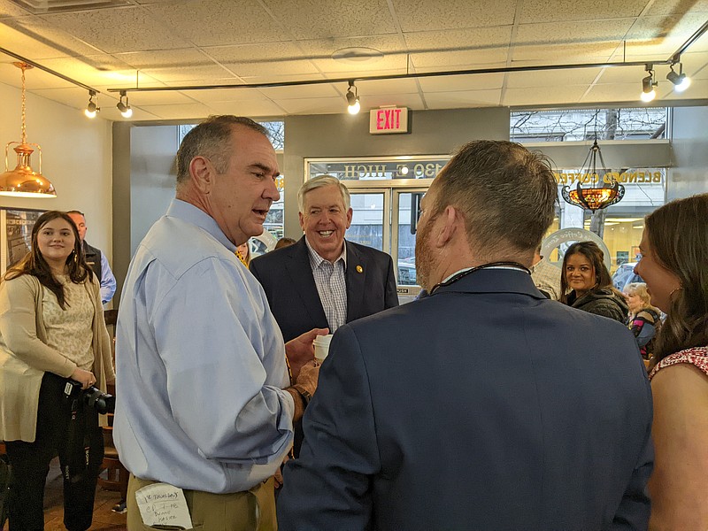 Gov. Mike Parson and Lt. Gov. Mike Kehoe talked to Missouri Soybean Association CEO and Executive Director Gary Wheeler and representatives at Yanis Coffee Zone on Monday morning. Parson presented a proclamation declaring April soybean month in Missouri.