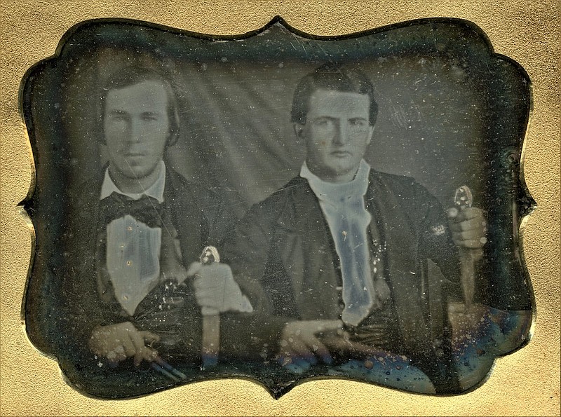 A Daguerreotype, circa 1850, supposedly depicts James Black (left) of Hempstead County and Jacob Buzzard (right) of Lafayette County. (Historic Arkansas Museum)