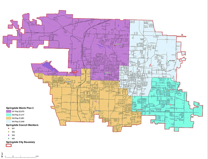 Springdale City Council on Tuesday approved new voting wards as shown on this map. The boundary changes will require three Council members to run for reelection from different wars. But because Springdale voters elect representation city-wide, the transitions for Council members should be smooth.
