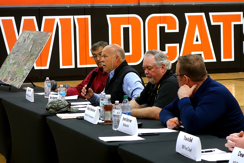 Callaway County Presiding Commissioner Gary Jungermann addresses citizen questions at a town hall Wednesday hosted by The New Bloomfield Concerned Citizens Against Guthrie Solar group on the potential solar project discussed for around New Bloomfield. MICHAEL SHINE/FULTON SUN