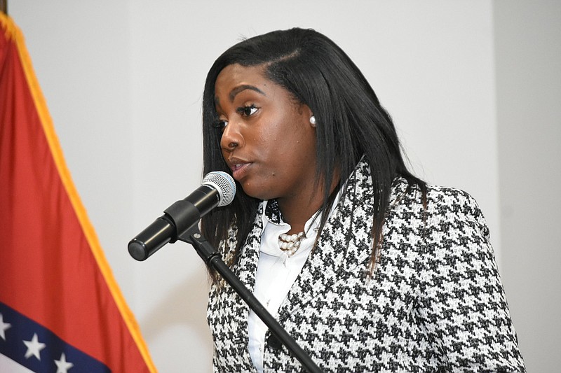 Denim Banks of Watson Chapel High School gives opening comments during a town-hall-style forum Thursday at the University of Arkansas at Pine Bluff. (Pine Bluff Commercial/I.C. Murrell)