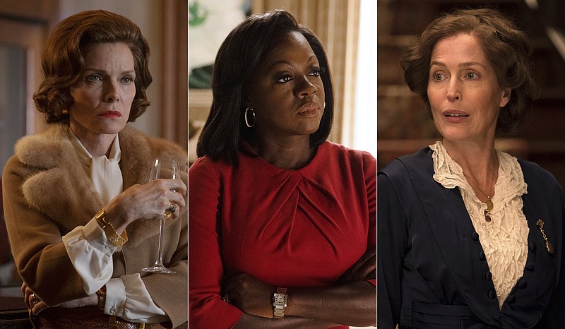 Michelle Pfeiffer as Betty Ford (from left), Viola Davis as Michelle Obama and Gillian Anderson as Eleanor Roosevelt are shown in a combination photo in separate scenes from Showtime’s “The First Lady.” (Showtime via AP)