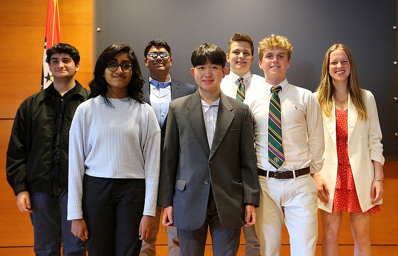 Winners of the 2022 Stephens Award on Monday, April 18, 2022, front row, from left, Raga Mandali, Little Rock Central High School, Richard Liu, Little Rock Central, and Chad Greenway Jr., Little Rock Catholic High School. Back row, from left, Zane Alsebai, Little Rock Central, Dylan Patel, Little Rock Parkview High School, Jackson Smith, Catholic High, Sydney England, Mt. Saint Mary. 
More photos at www.arkansasonline.com/419award/
(Arkansas Democrat-Gazette/Thomas Metthe)